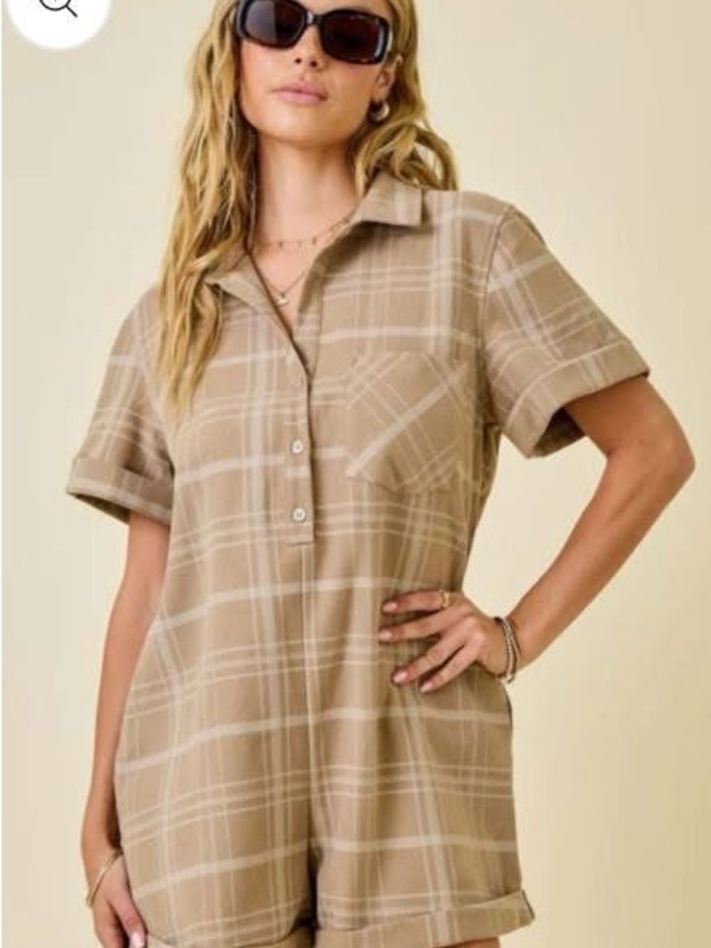 Beige Plaid Short Sleeve Romper